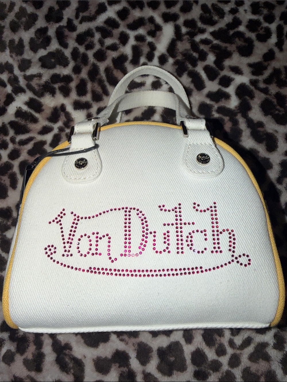 Von Dutch White Small bag with Pink Logo and Yellow Trim